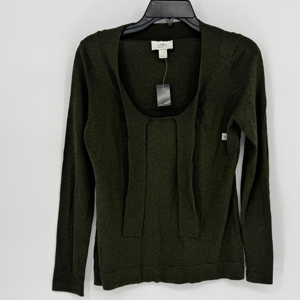 LOFT Women's Olive Green Long Sleeve Knit Sweater Size Small Neck Tie Detail New